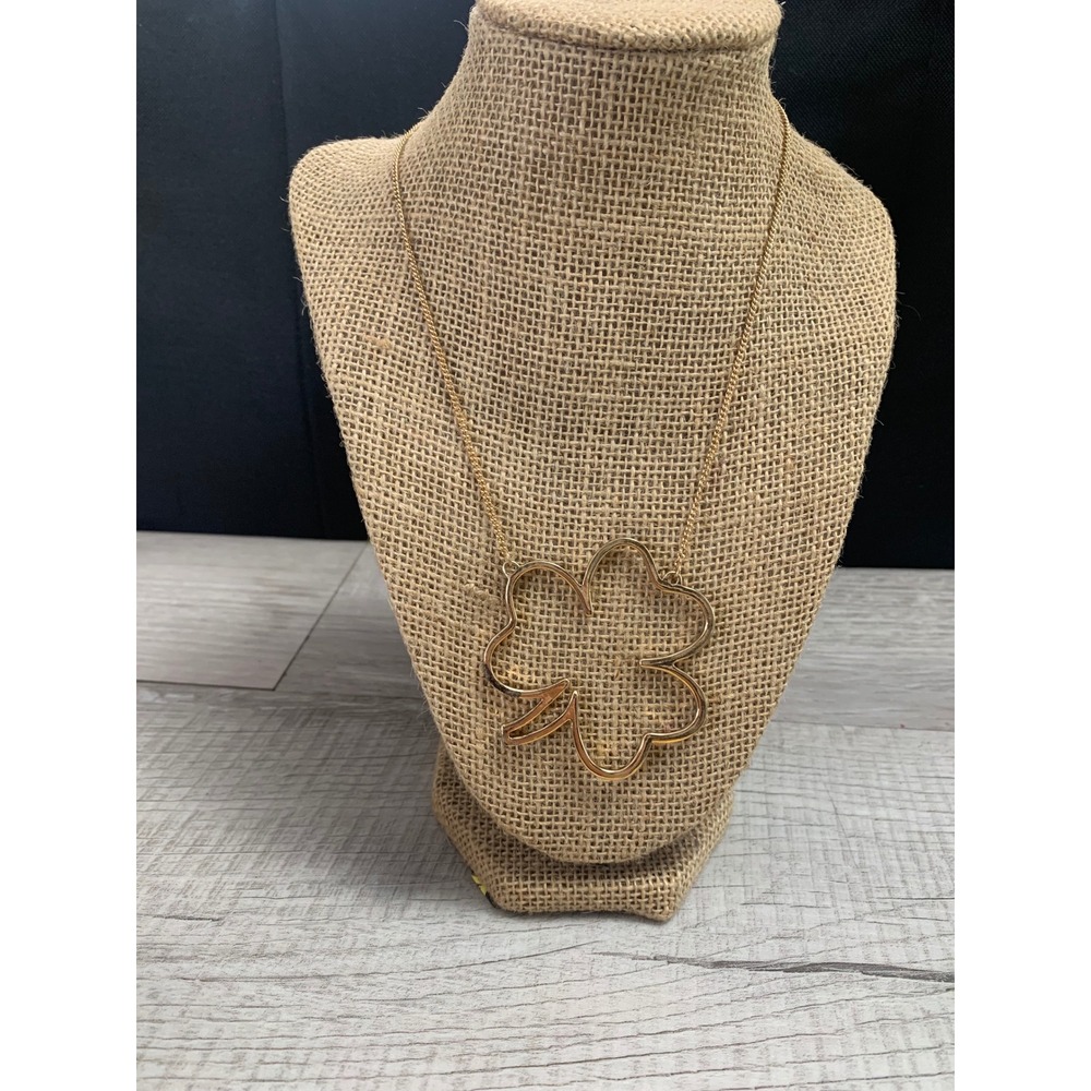 Gold Tone Open Outline Four Leaf Clover Pendant Necklace 16 Inch Adjustable